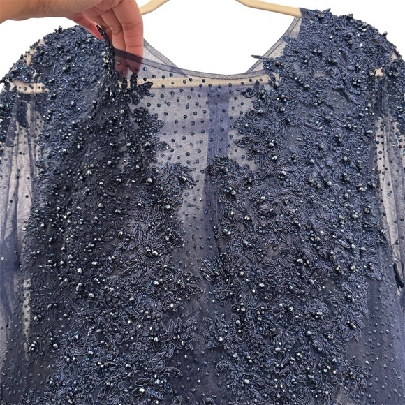 NWT $798 Mac Duggal Sheer Bodice Embroidered Illusion Maxi Dress Gown Navy Sz 16 - Picture 16 of 17